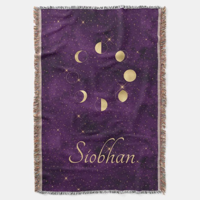 Gold Moon Phases Purple Stars Personalised Throw Blanket (Front Vertical)