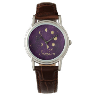 Gold Moon Phases Purple Stars Personalised  Watch