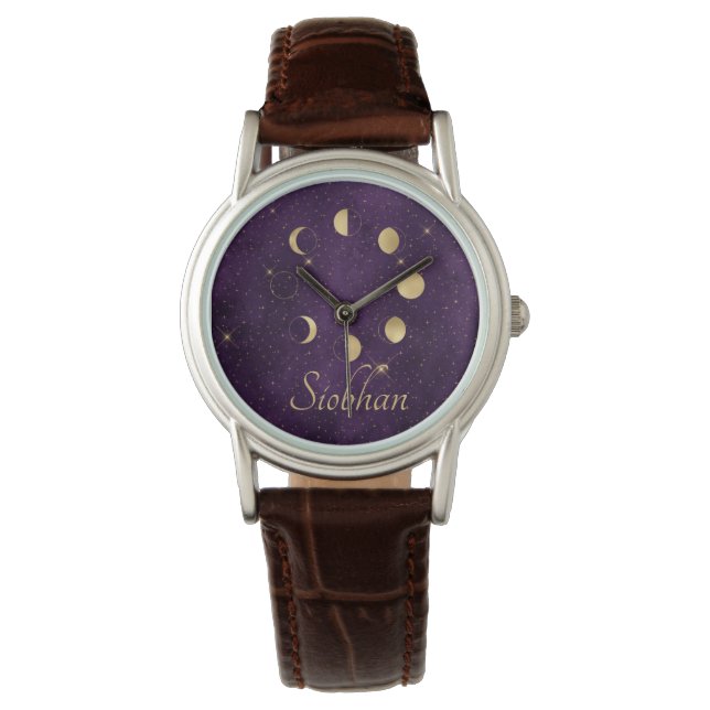 Gold Moon Phases Purple Stars Personalised  Watch (Front)