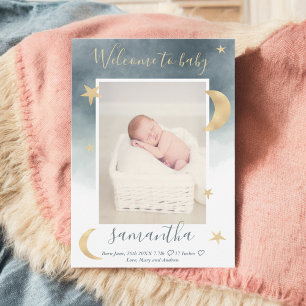 Gold moon stars blue watercolor photo baby birth announcement