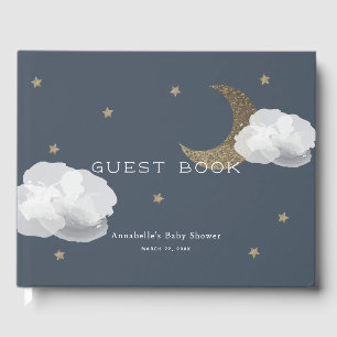 Gold Moon, Stars & Clouds Navy Blue Baby Shower Guest Book
