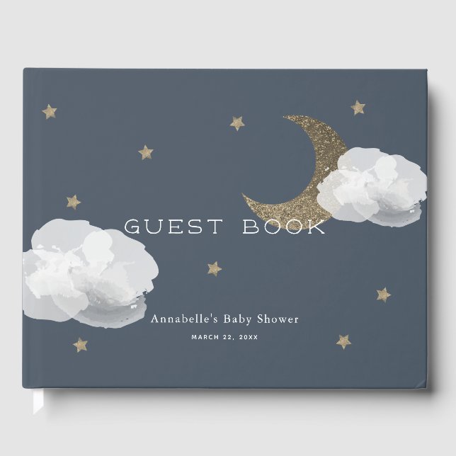 Gold Moon, Stars & Clouds Navy Blue Baby Shower Guest Book (Front)