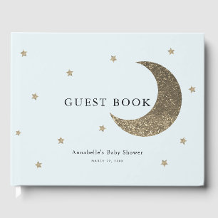 Gold Moon & Stars Light Blue Baby Shower Guest Book