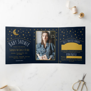 Gold Moon & Stars, Midnight Blue Baby Shower Suite Tri-Fold Invitation