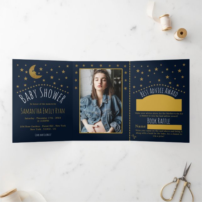 Gold Moon & Stars, Midnight Blue Baby Shower Suite Tri-Fold Invitation (Inside)