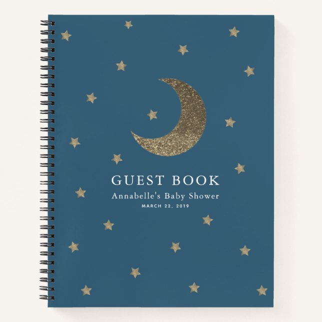 Gold Moon & Stars Navy Blue Baby Shower Guest Book (Front)