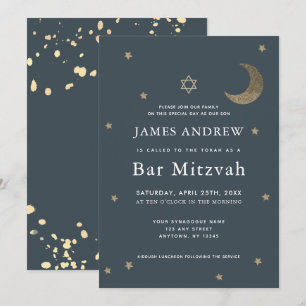 Gold Moon & Stars Navy Blue Bar Mitzvah Invitation