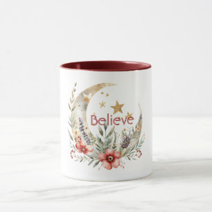 Gold Moon Stars Red Flowers Mug