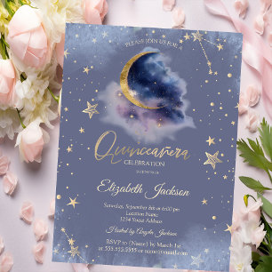 Gold Moon Stars Starry Night Quinceanera Invitation