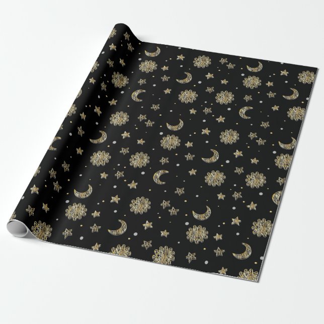 Gold Moon & Stars Wrapping Paper (Unrolled)