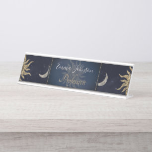 Gold Moon Sun Mandala Blue Night Sky Pattern Desk Name Plate