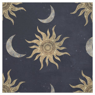 Gold Moon Sun Mandala Blue Night Sky Pattern Fabric