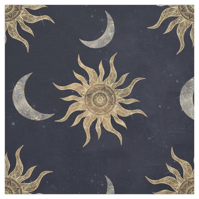 Gold Moon Sun Mandala Blue Night Sky Pattern Fabric (Swatch)