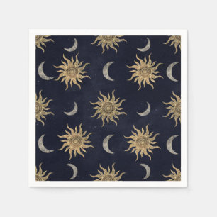 Gold Moon Sun Mandala Blue Night Sky Pattern Napkin