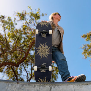 Gold Moon Sun Mandala Blue Night Sky Pattern Skateboard