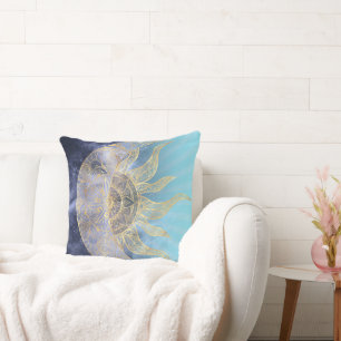 Gold Moon Sun Mandala Celestial Design Cushion