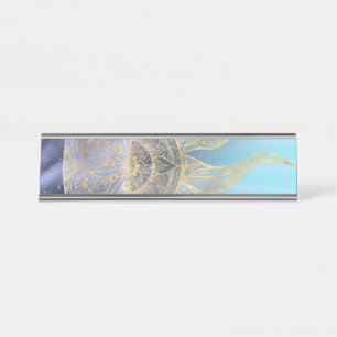 Gold Moon Sun Mandala Celestial Design Desk Name Plate