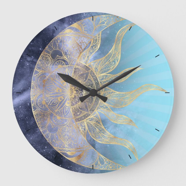 Gold Moon Sun Mandala Celestial Design Large Clock (Front)