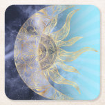Gold Moon Sun Mandala Celestial Design Square Paper Coaster<br><div class="desc">A whimsical, mystic universe nebula gold crescent moon and wavy rays sun mandala celestial design, featuring a crescent stage glowing moon with mandala flowers and night dark blue nebula galaxy stars, dots, circles geometric shapes, mermaid scale, and wavy rays sun mandala, floral and leaves doodling art, made with a faux...</div>