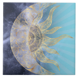 Gold Moon Sun Mandala Celestial Design Tile