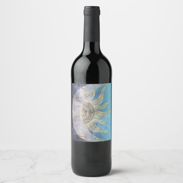 Gold Moon Sun Mandala Celestial Design Wine Label (Front)