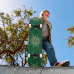 Gold Moon Sun Mandala Green Pattern Skateboard<br><div class="desc">A mystic gold crescent moon and wavy rays sun mandala strong green universe nebula sky celestial pattern, featuring crescent stage glowing moons with mandala flowers, and multiple sun wavy rays mandala pattern, floral and leaves doodling art, made with a faux yellow gold texture line art, galaxy stars, the night sky,...</div>