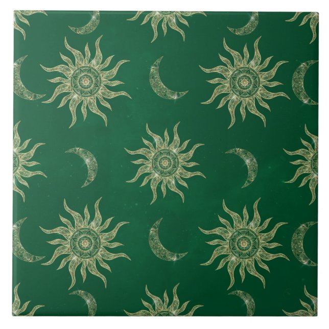 Gold Moon Sun Mandala Green Pattern Tile (Front)