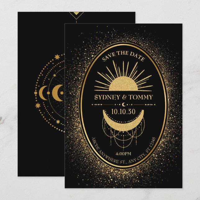 Gold moon sun mystic wedding save the date (Front/Back)