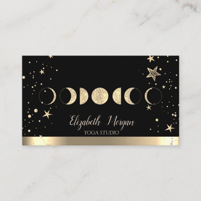 Gold Moons Gold Stars Black Yoga Studio Business Card (Front)