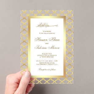 Gold Moroccan Quatrefoil Muslim Wedding Acrylic Invitations