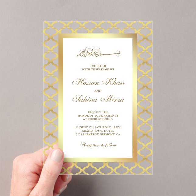 Gold Moroccan Quatrefoil Muslim Wedding Acrylic Invitations (Insitu (Handheld))