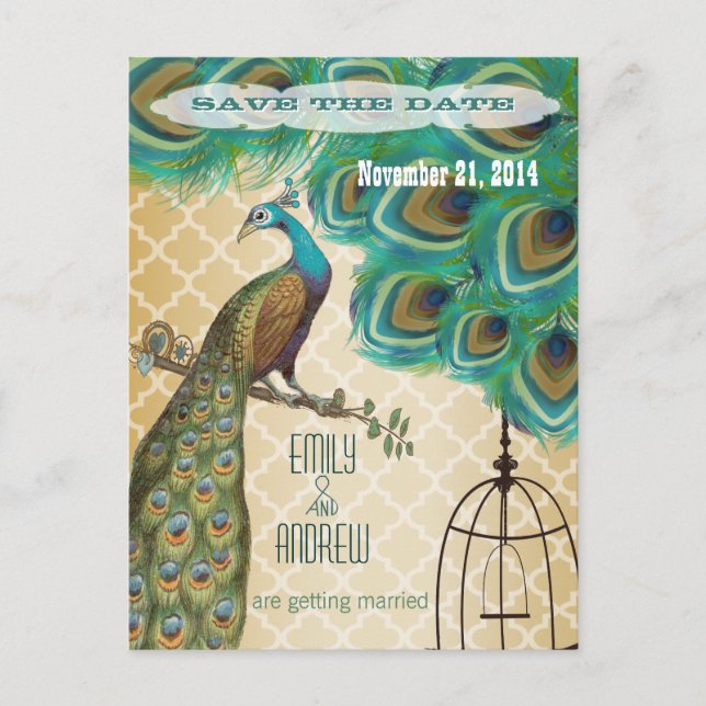 Gold Moroccan Tile Peacock Birdcage Save the Date Announcement Postcard (Front)