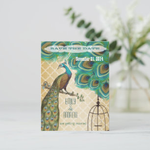 Gold Moroccan Tile Peacock Birdcage Save the Date Announcement Postcard
