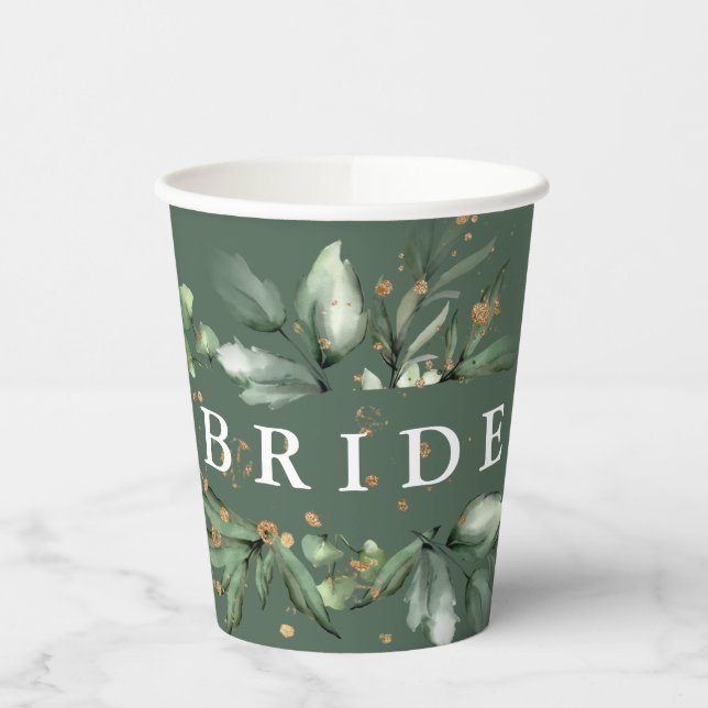 Gold Moss Eucalyptus Modern Abstract Bridal Shower Paper Cups (Left)