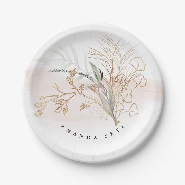 Gold Moss Eucalyptus Modern Abstract Paper Plate (Front)
