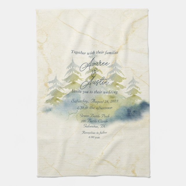 Gold Mountain Backdrop Green Blue Trees Invitation Tea Towel (Vertical)