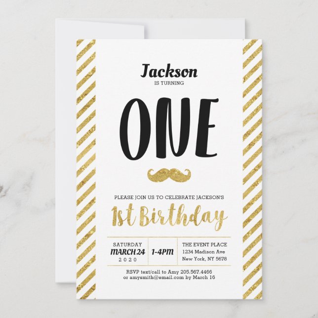Gold, Moustache | Boy 1st Birthday Invitation (Front)