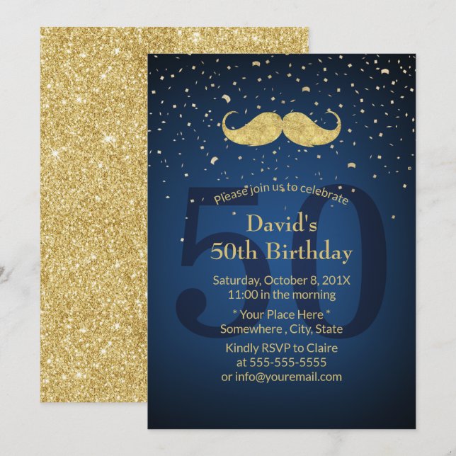 Gold Moustache Navy Blue 50th Birthday Party Invitation (Front/Back)