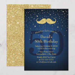 Gold Moustache Navy Blue 50th Birthday Party Invitation
