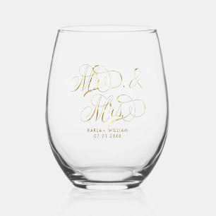 Gold Mr. and Mrs. Elegant Script Typography 2 Stemless Wine Glass