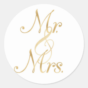 Gold Mr. & Mrs. Stickers, foil font Classic Round Sticker