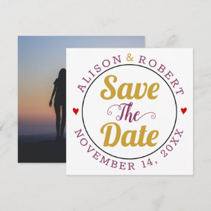 Gold mulberry typography hearts photo on the back save the date