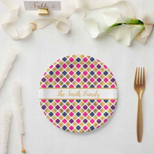 Gold Multicolor Quatrefoil Pattern Paper Plate (Wedding)