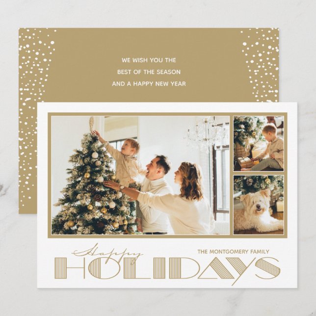 Gold Multiple Photo Happy Holiday Card (Front/Back)