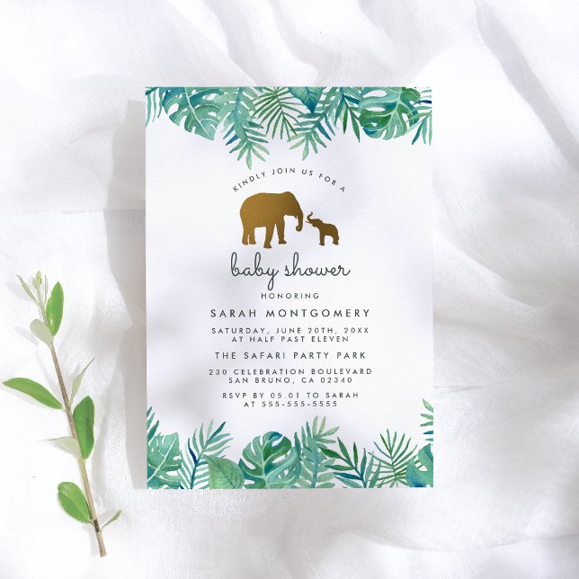 Gold Mum & Baby Elephant Jungle Leaves Baby Shower Invitation (Creator Uploaded)