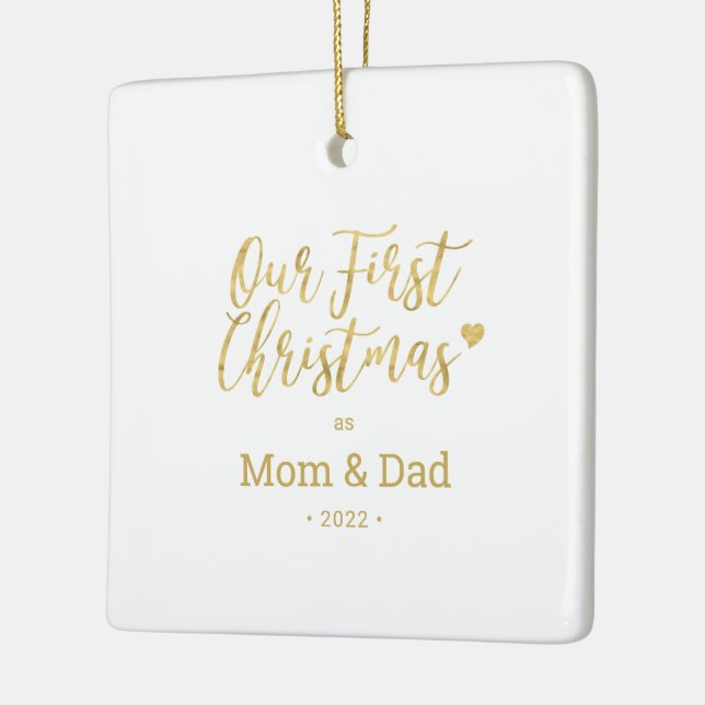 Gold Mum & Dad Parents First Christmas Photo Ceramic Ornament (Left)