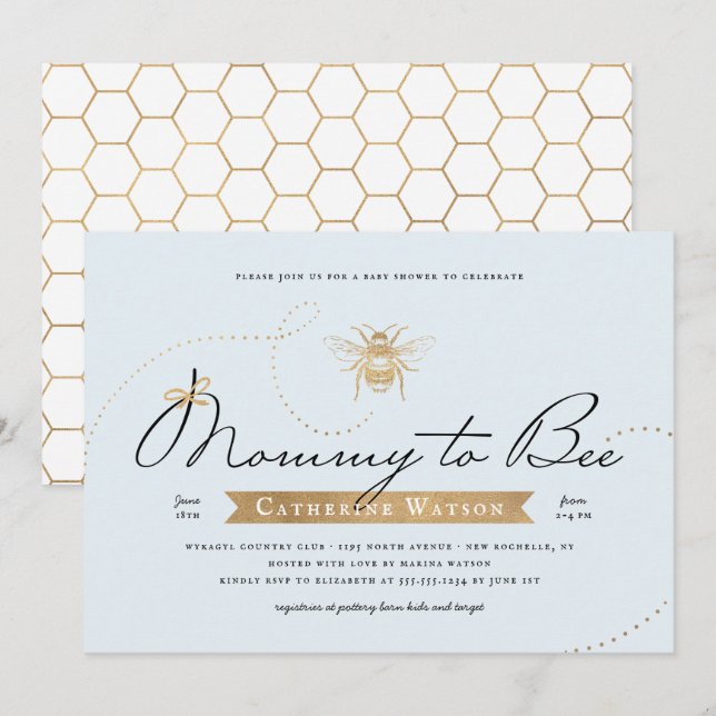 Gold Mummy to Bee Baby Shower Blue Invitation (Front/Back)