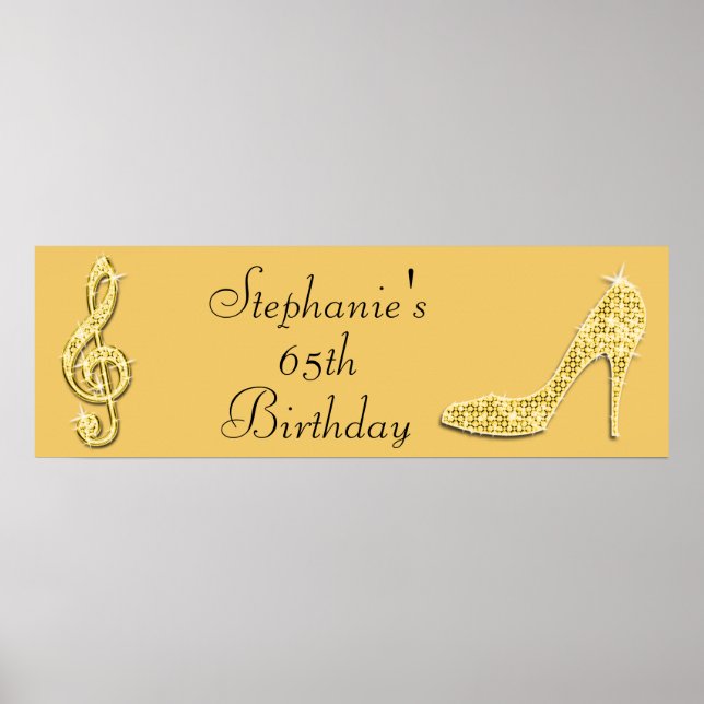 Gold Music Note and Stiletto 65th Birthday Poster (Front)