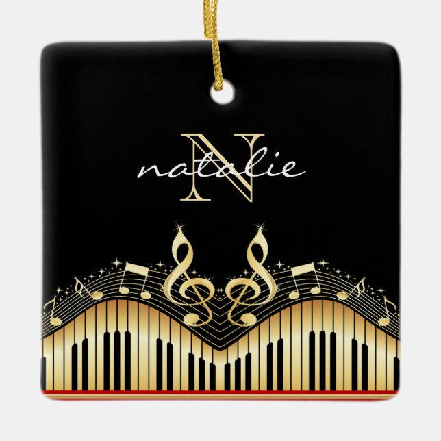 Gold Music Notes And Keyboard Ceramic Ornament (Front)