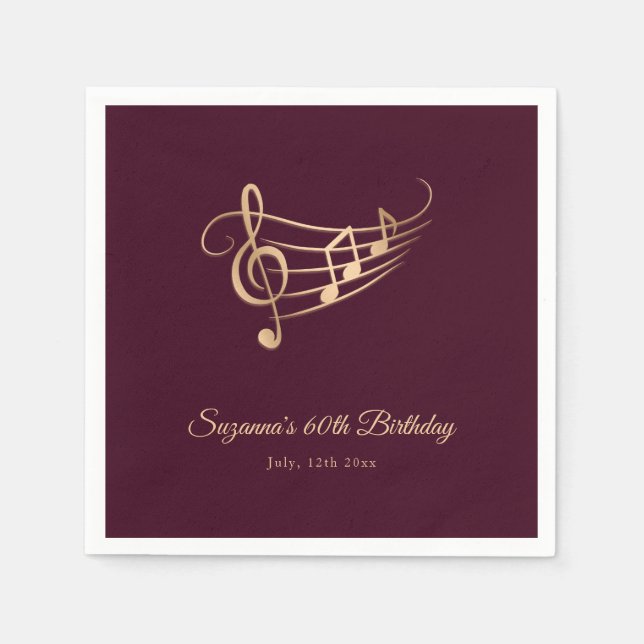 Gold Music Notes Elegant Script Birthday Napkin (Front)